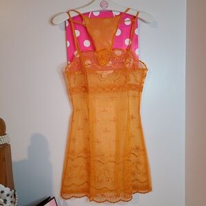 VTG Victoria's Secret Lace Babydoll Chemise & Silk Panty Set Size XS Orange